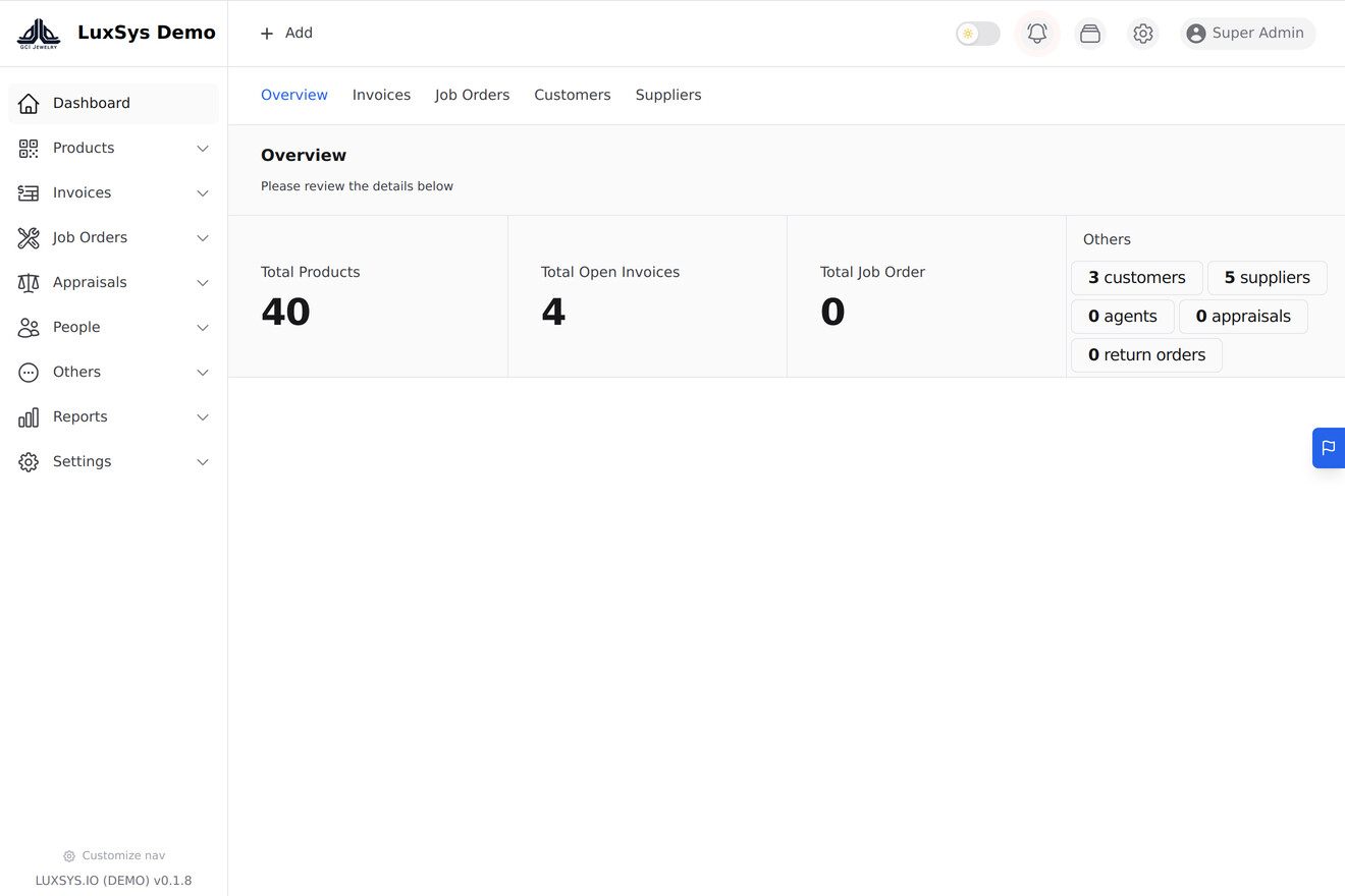 LuxSys admin dashboard